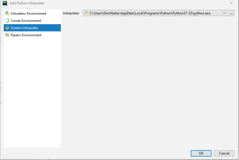 add python interperter to pycharm windows