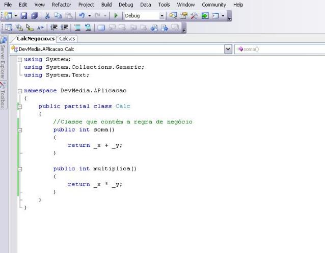Classe “Calc” utilizando o conceito de Partial Class contendo os métodos da classe